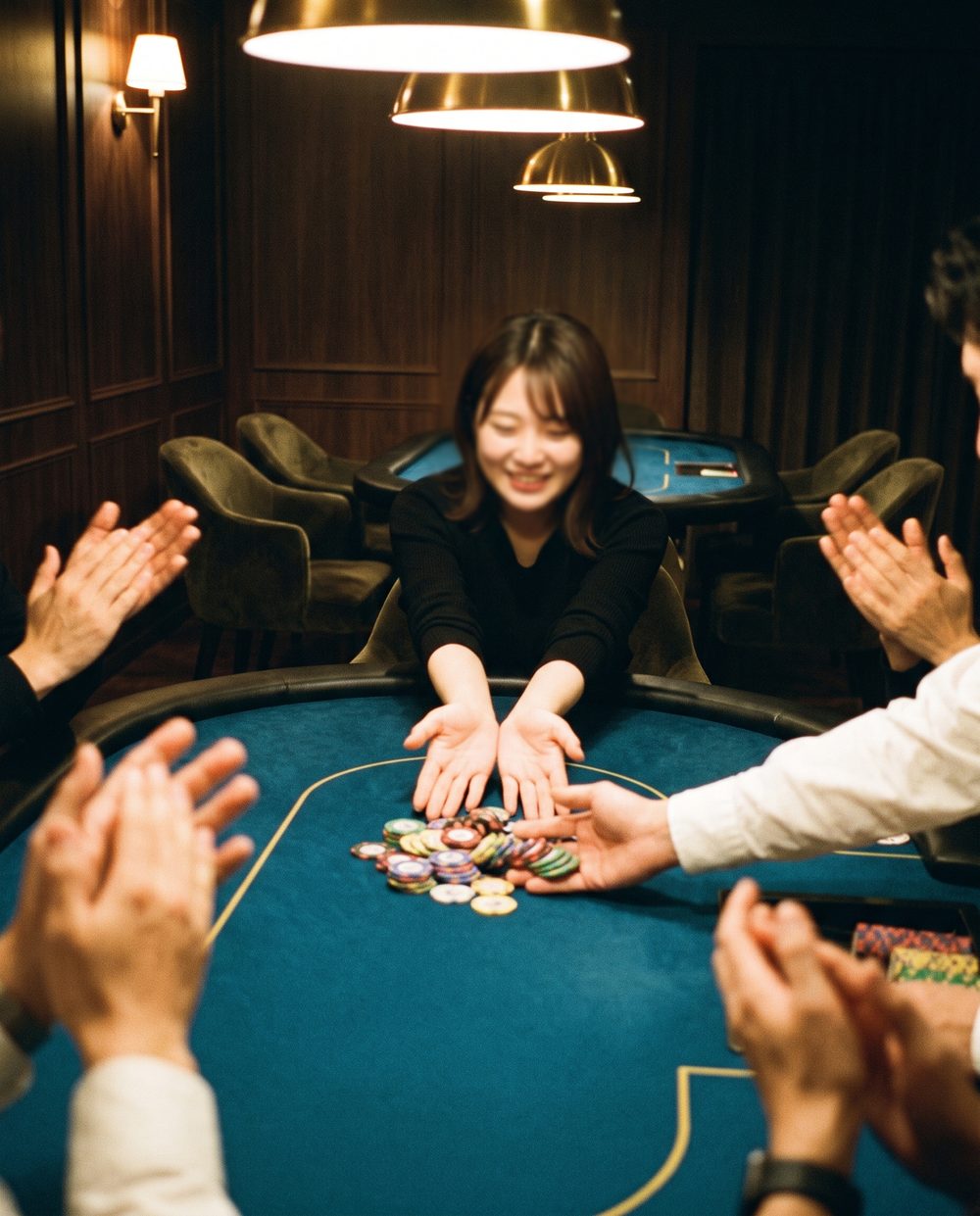 はじめての勝利でチップを集める瞬間